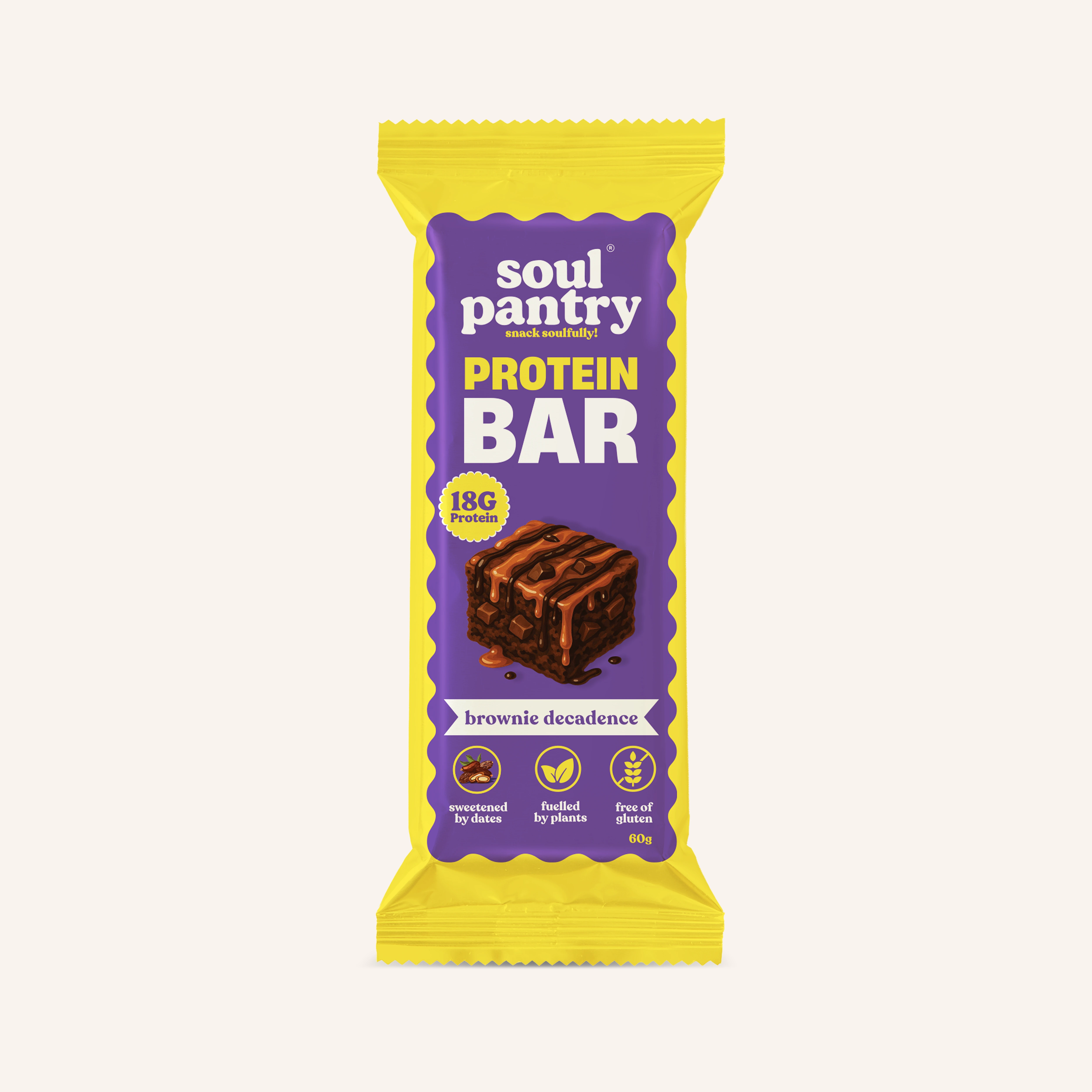 Soul Pantry Brownie Decadence protein bar unwrapped, 18g protein, date-sweetened, plant-based, gluten-free