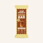 Soul Pantry Espresso Euphoria protein bar with 21g protein per 60g bar, made with fresh ground coffee beans, no added sugar and gluten free, shown in brown wrapper with iced espresso coffee illustration