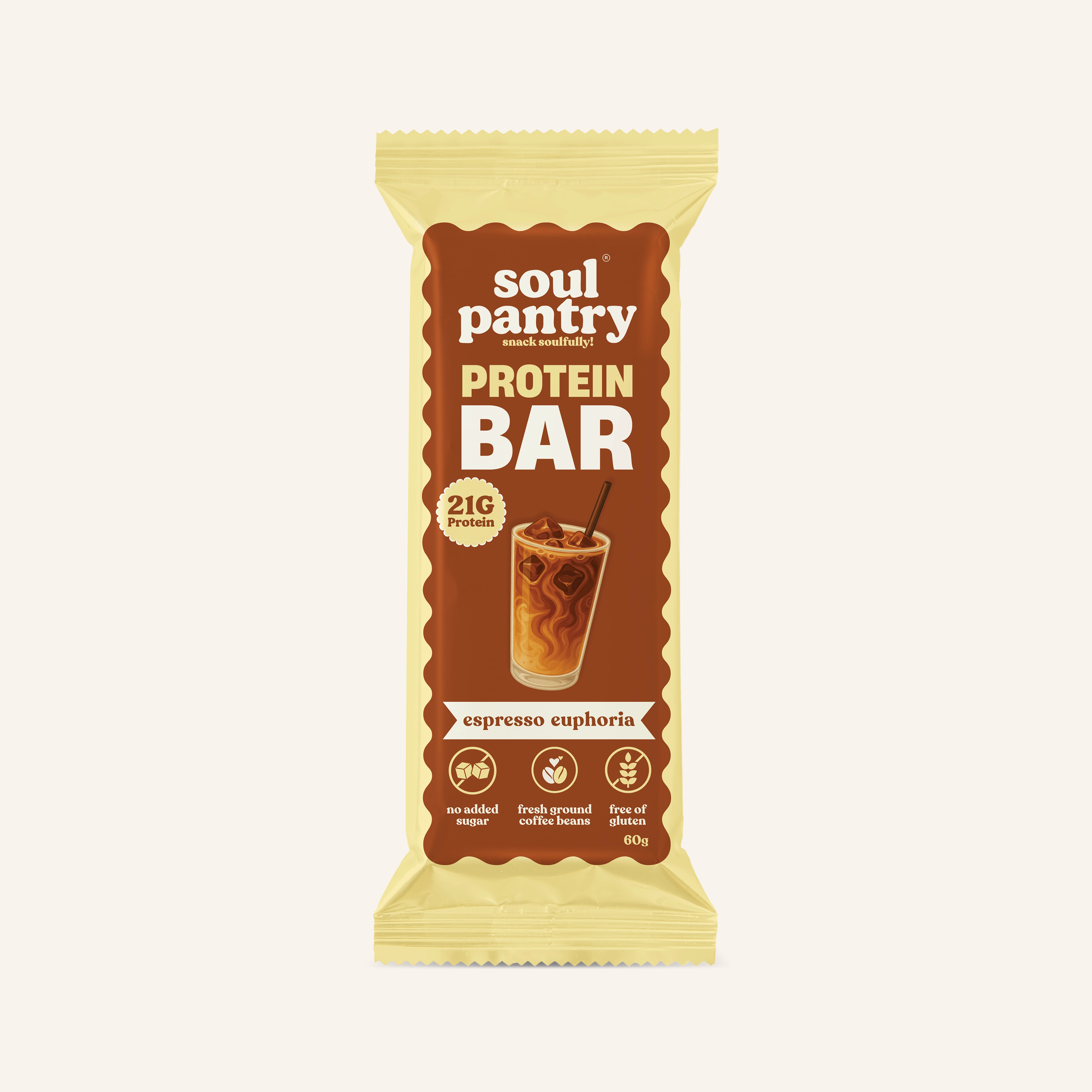 Soul Pantry Espresso Euphoria protein bar with 21g protein per 60g bar, made with fresh ground coffee beans, no added sugar and gluten free, shown in brown wrapper with iced espresso coffee illustration