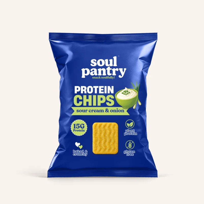 Baked Soul Pantry Sour Cream & Onion Protein Chips, 15g protein, plant protein, gluten free, blue bag