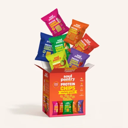 Soul Pantry Protein Chips variety pack box with six flavours spilling out, including chilli & lime, cheese & garlic, sour cream & onion, smokey chipotle and tomato, each with 15g plant protein, baked and gluten-free