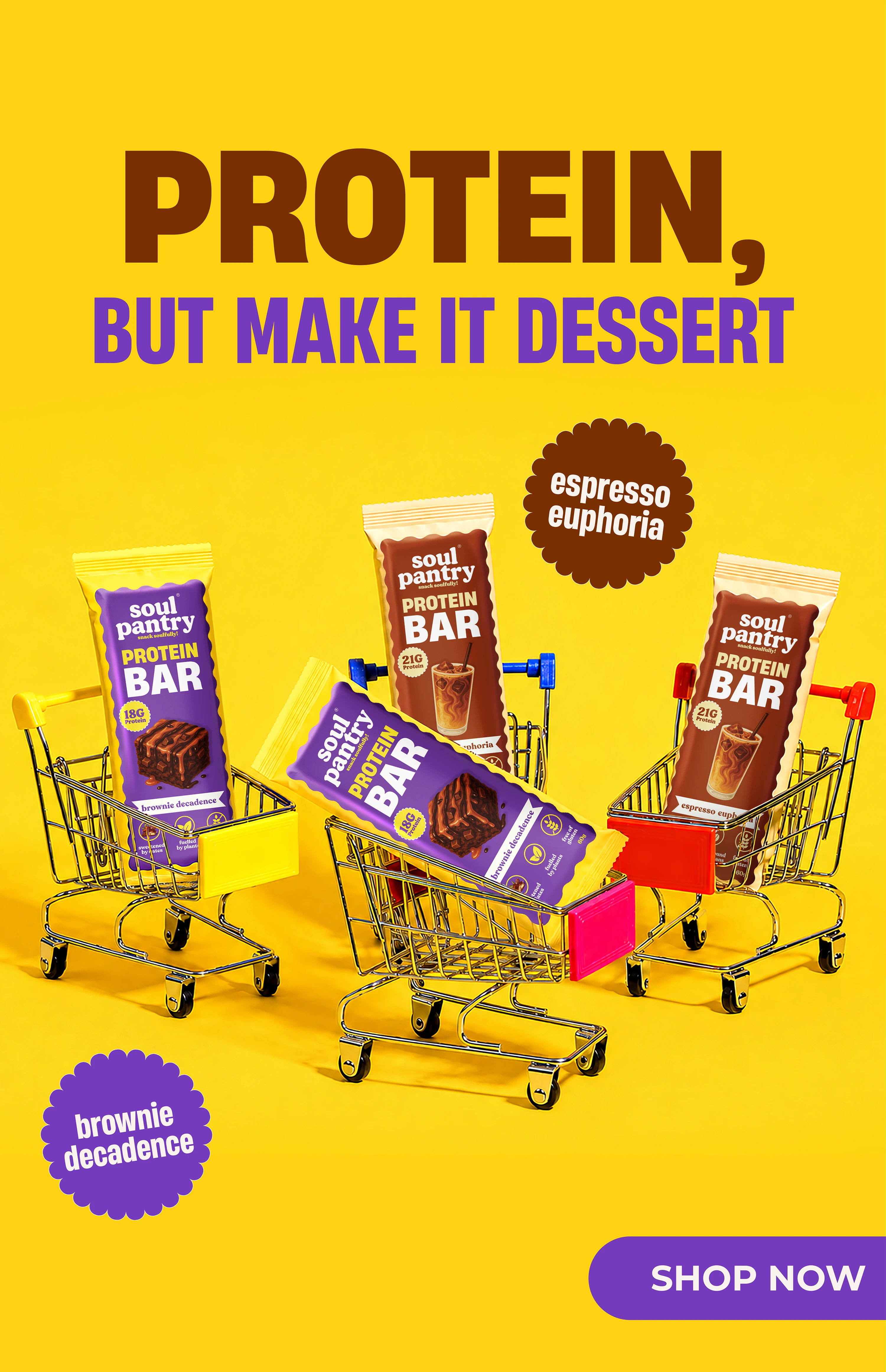 Soul Pantry Protein Bars in espresso euphoria and brownie decadence flavours, shown in mini shopping carts with a Shop Now button. Protein, but make it dessert.