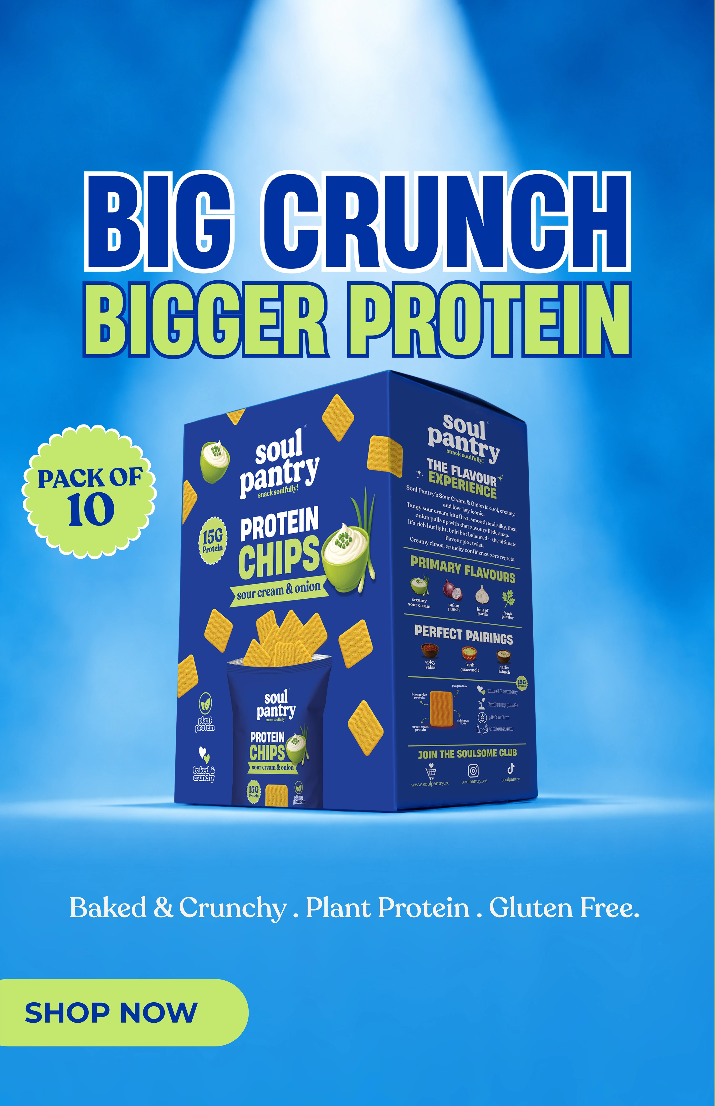Soul Pantry Protein Chips sour cream & onion, pack of 10. Baked & crunchy, plant protein, gluten free. Big Crunch, Bigger Protein.