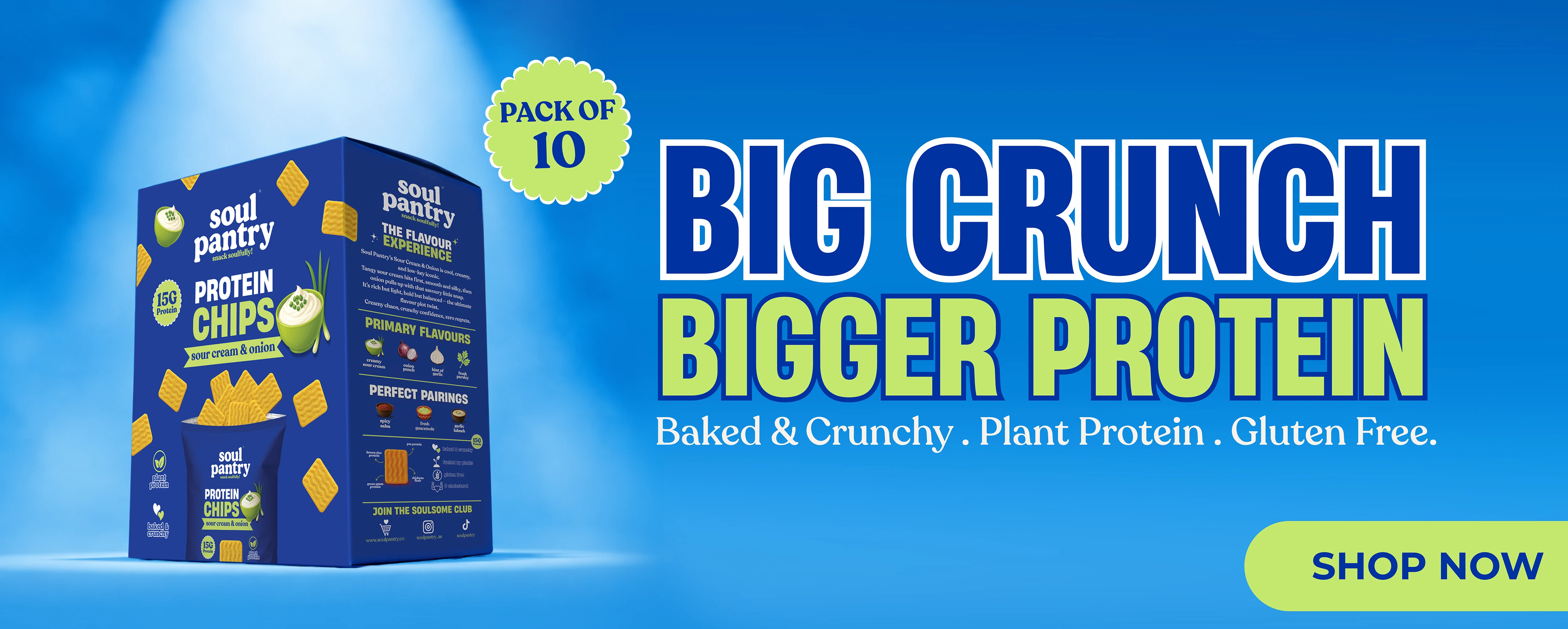 Soul Pantry Protein Chips sour cream & onion, pack of 10. Baked & crunchy, plant protein, gluten free. Big Crunch, Bigger Protein.
